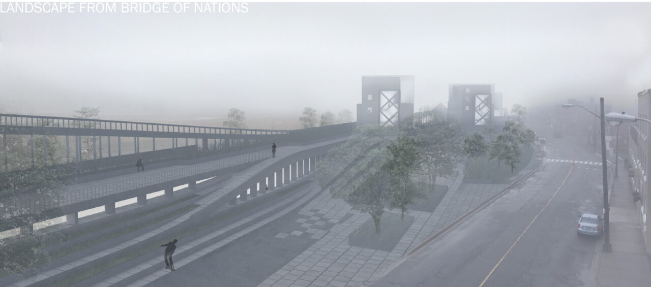 Exterior render of a student designed site with fog rolling in over the hills