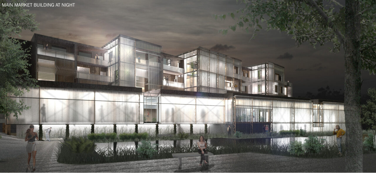 Exterior render of a student designed multi story buildings at night