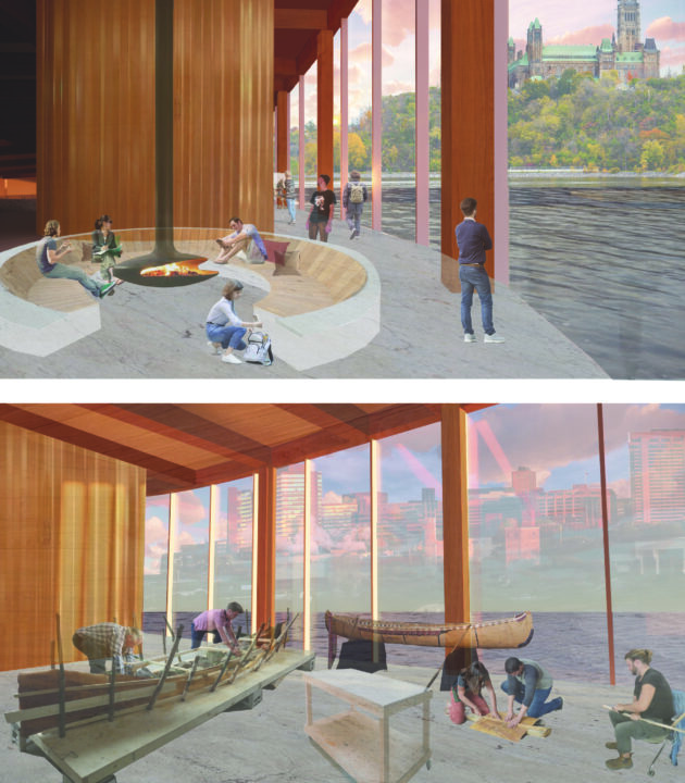 Two interior renders of open space wooden rooms, featuring people gathering and building a canoe