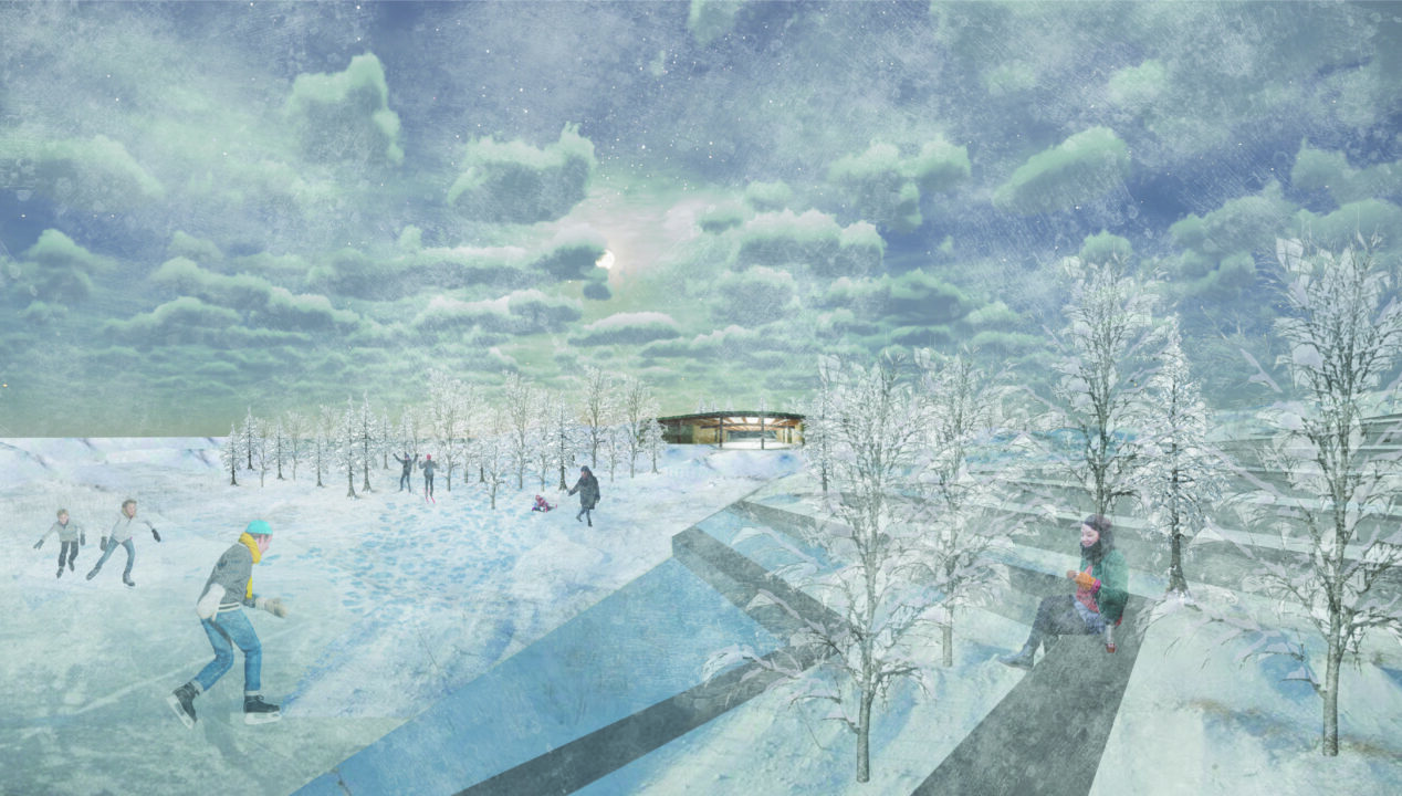 Exterior render in the winter of people skating up to the student designed building in the distance