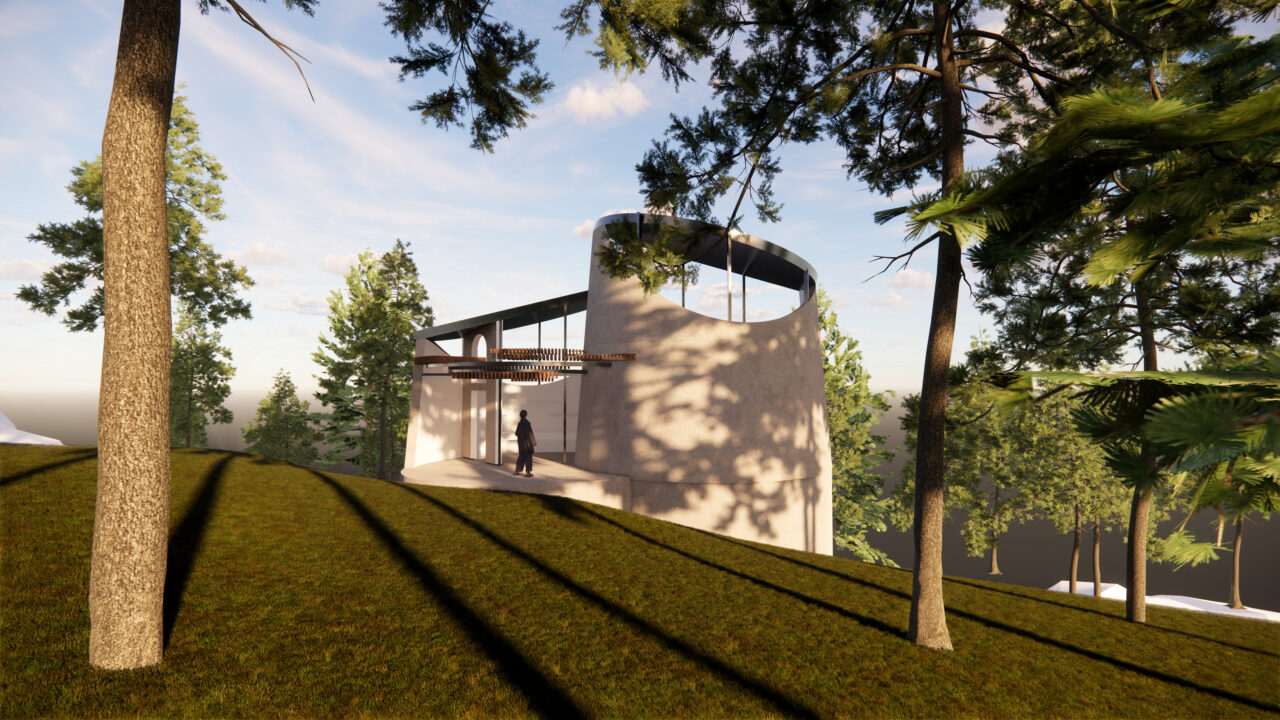 Exterior render of a white spiral building in the woods