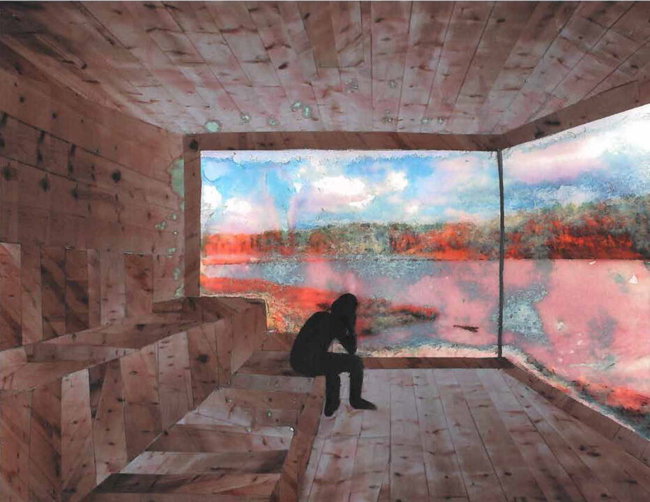 Abstract collaged image of a figure sitting in a sauna over looking a lake