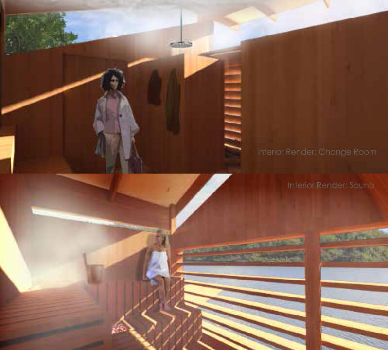 Two interior renders, one inside a change room and the other inside a sauna