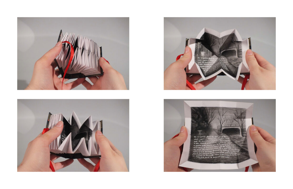 Four photographs showing how the small Japanese style hardcover book opens to reveal a charcoal sketch within