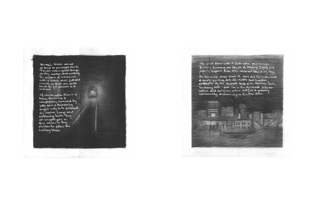 Scanned images of two pages of the book, one charcoal drawing of a train and the other of a cityscape with white ink text overtop