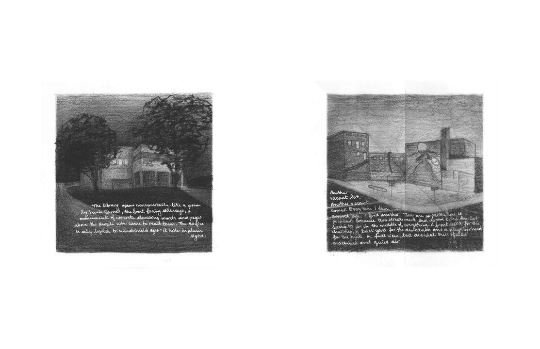 Scanned images from the book, one charcoal drawing of a building and the other of a vacant street corner with white text overtop