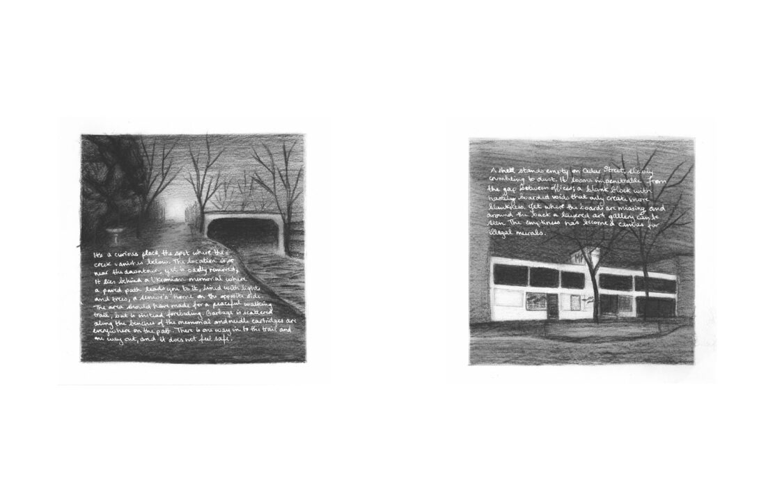 Scanned images from the book, one charcoal drawing of a river and the other of an abandoned building with white text overtop