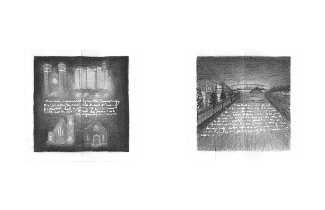 Scanned images from the book, one charcoal drawing of four churches and the other of a street with white text overtop