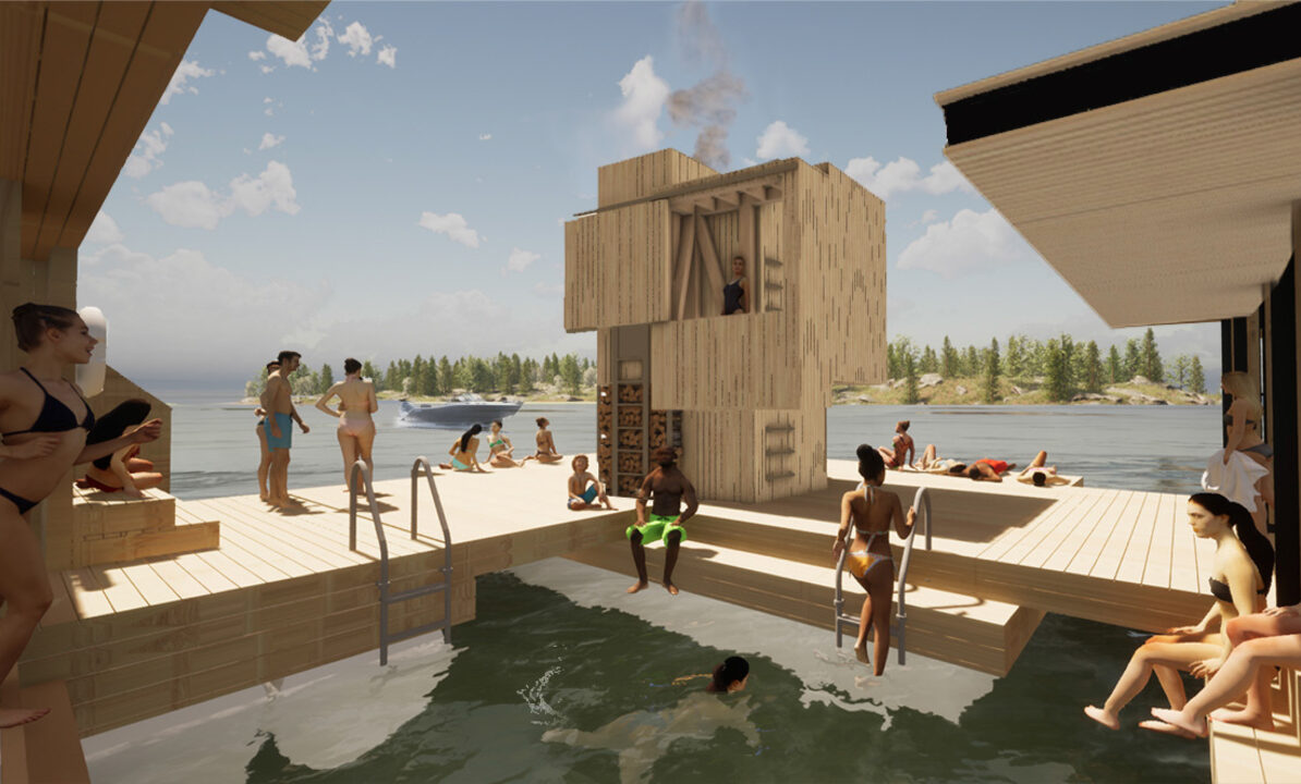 Exterior render of people swimming in a cutout section of the student's floating sauna design