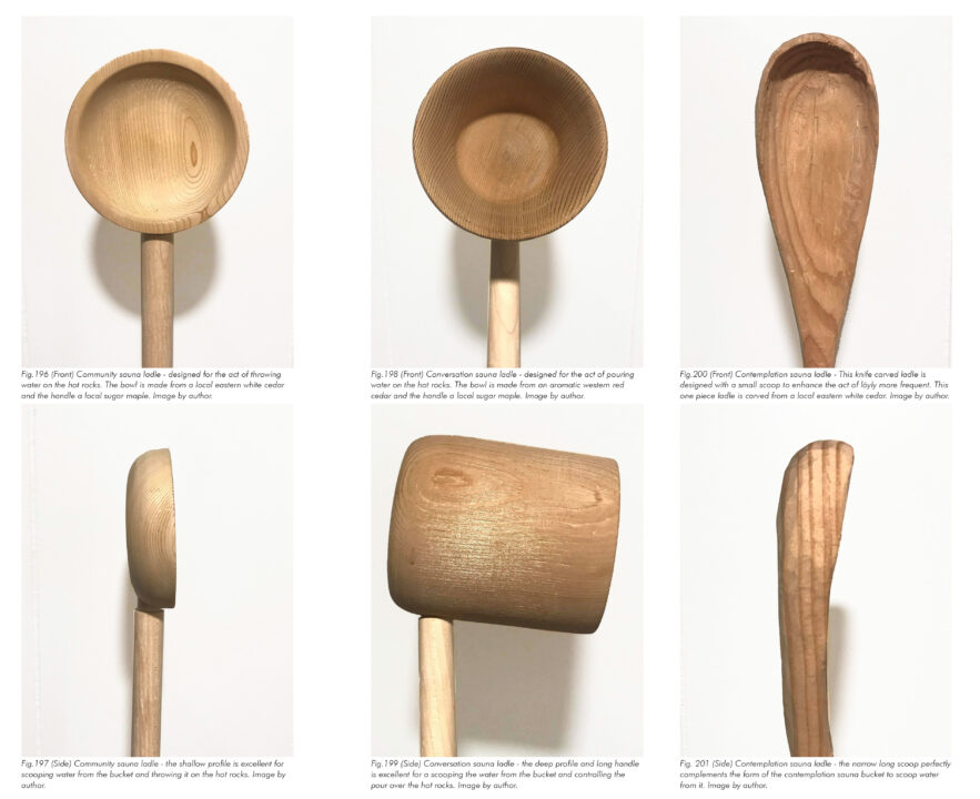 A series of photographs of a hand carved wooden sauna ladle crafted by the student