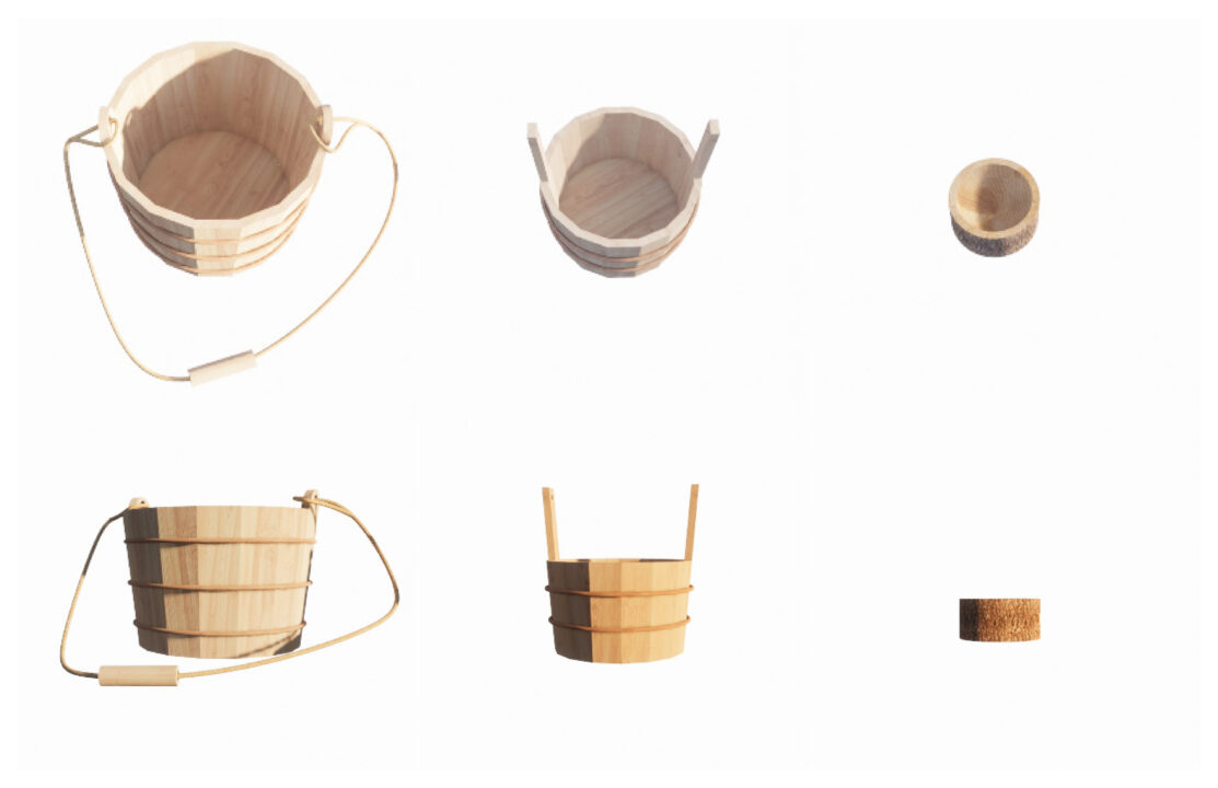 Multiple photographs of the wooden sauna bucket