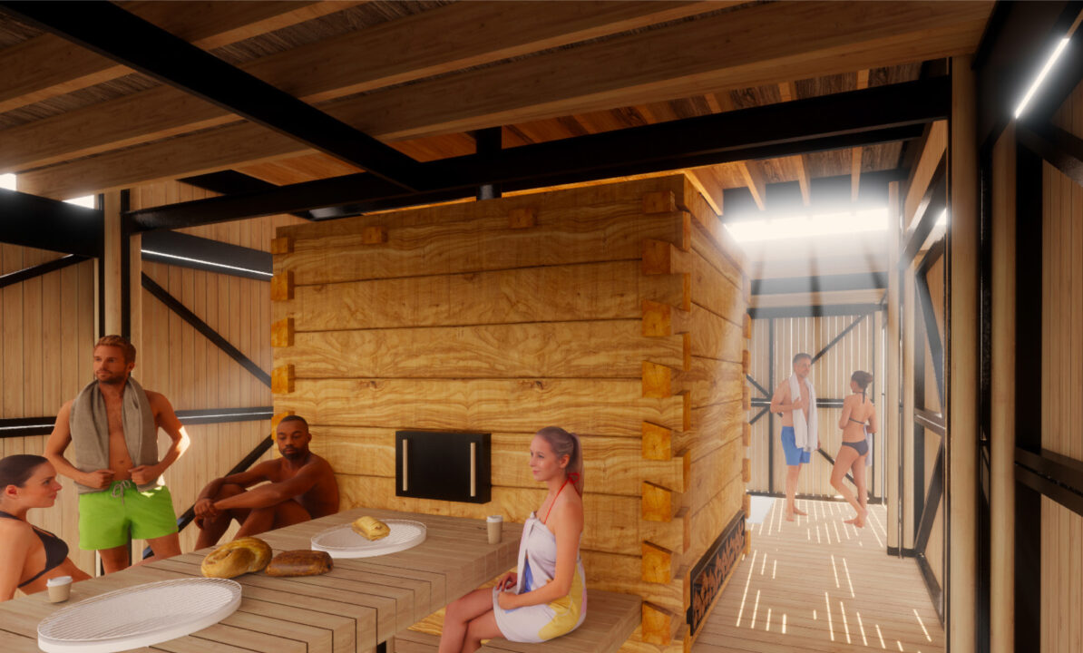 Interior render inside a wooden sauna featuring people enjoying the steam