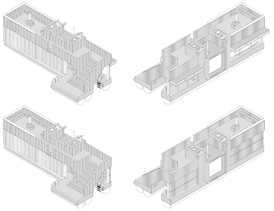 Four drawings of the student designed floating sauna from different angles