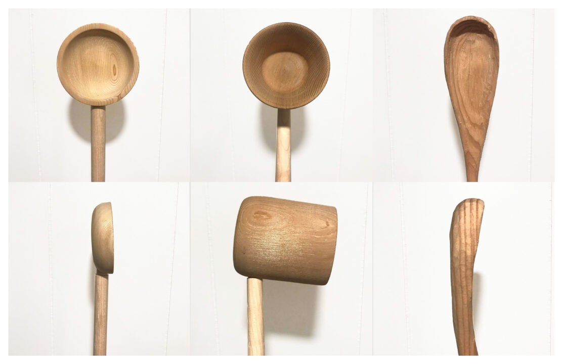 Multiple images showing different angles of a wooden sauna bucket and ladle