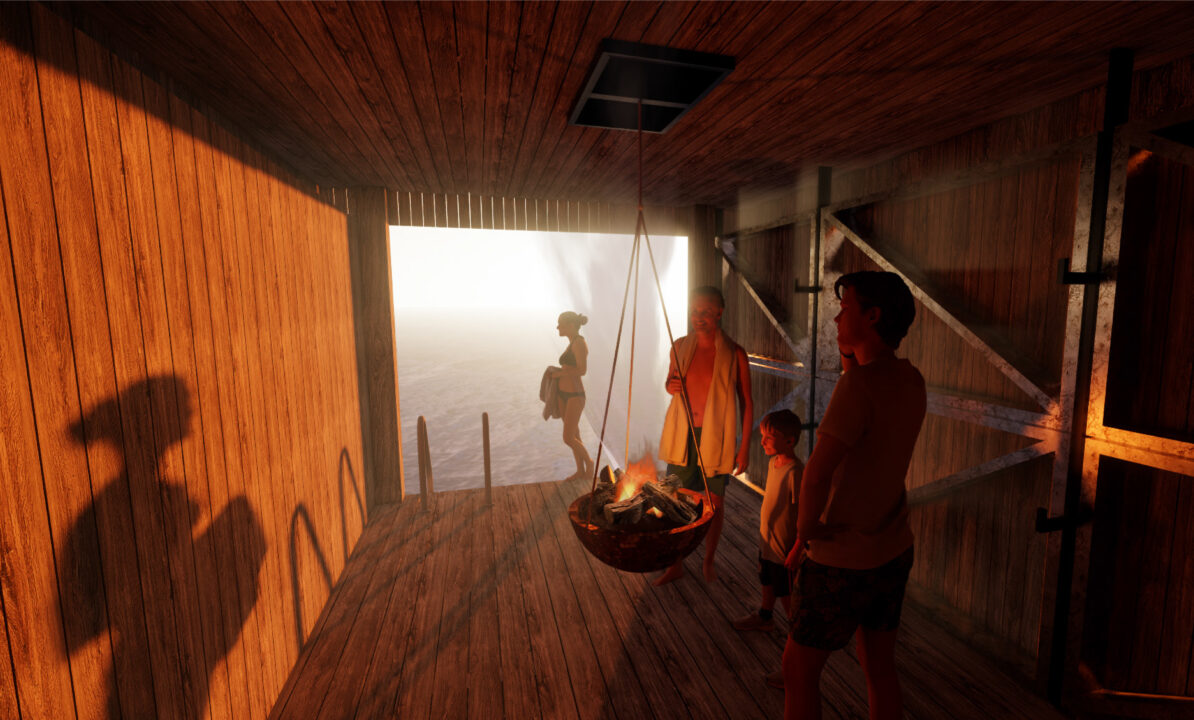 Interior render of people in a wooden sauna area