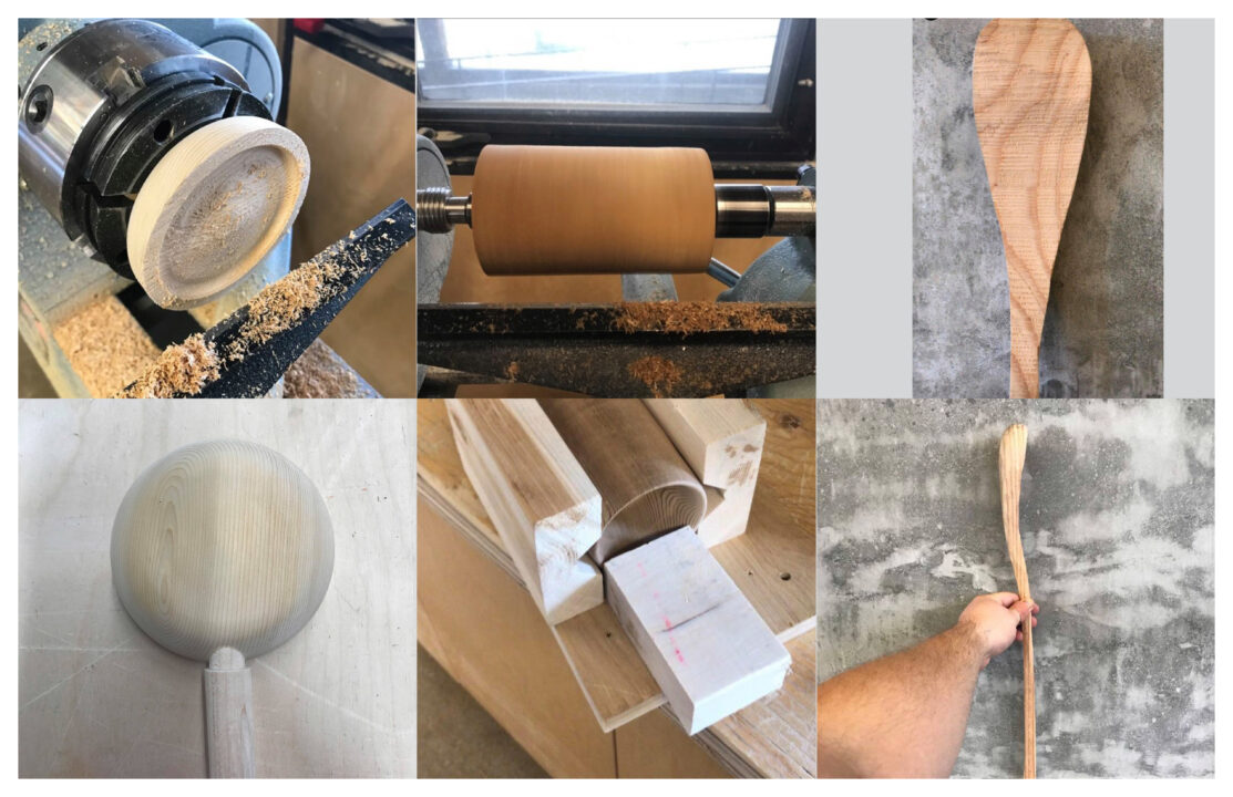 Multiple images showing the process of cutting and carving the sauna bucket and ladle
