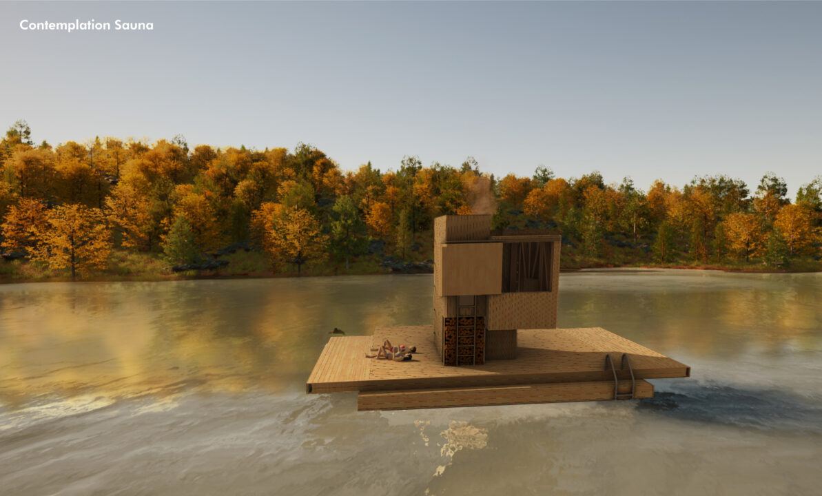 Exterior render of a wooden sauna building floating in a lake