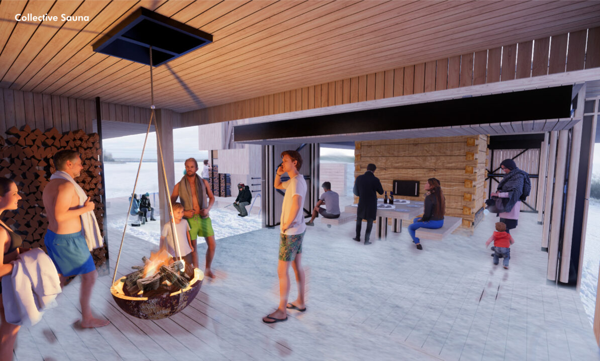 Interior render inside a wood building of people gathering