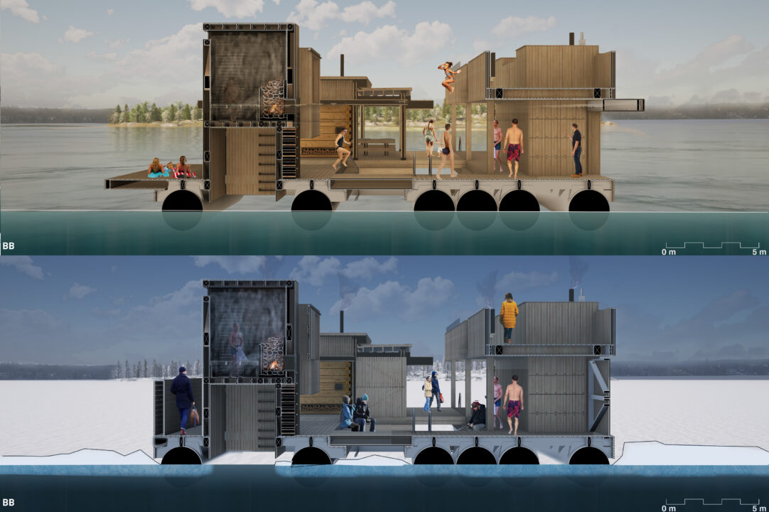 Two exterior renders, one in the winter and one in the summer of the student designed floating sauna on water