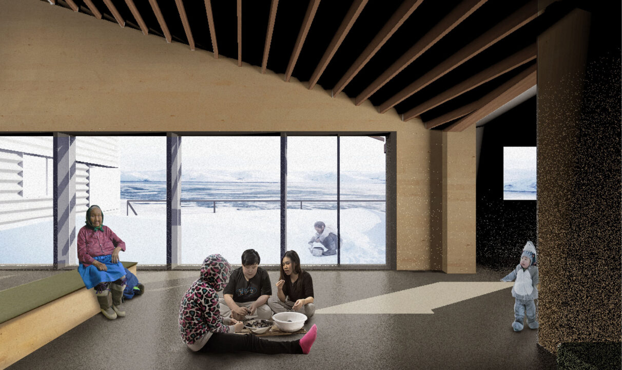 Interior render of people gathering inside a wooden room with windows along on wall