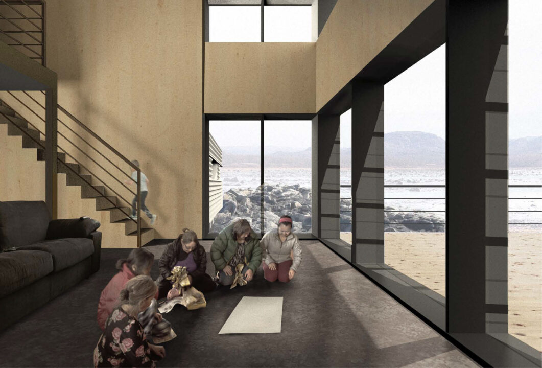 Interior render of people gathering inside a wooden, double story room