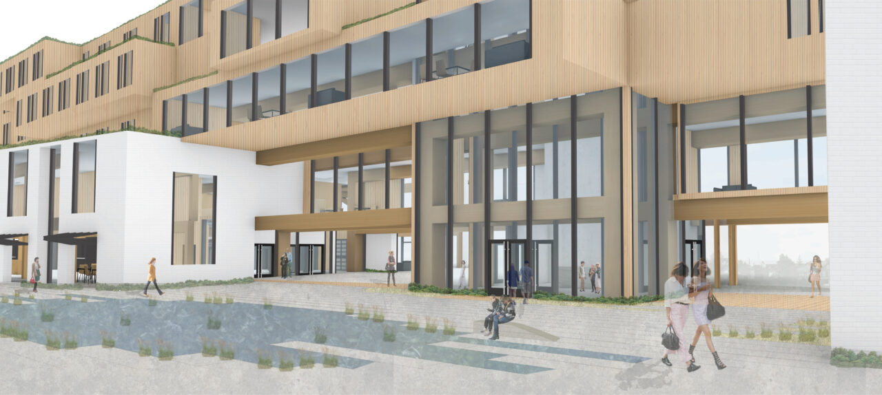 Exterior render of people gathering outside a series of student designed buildings