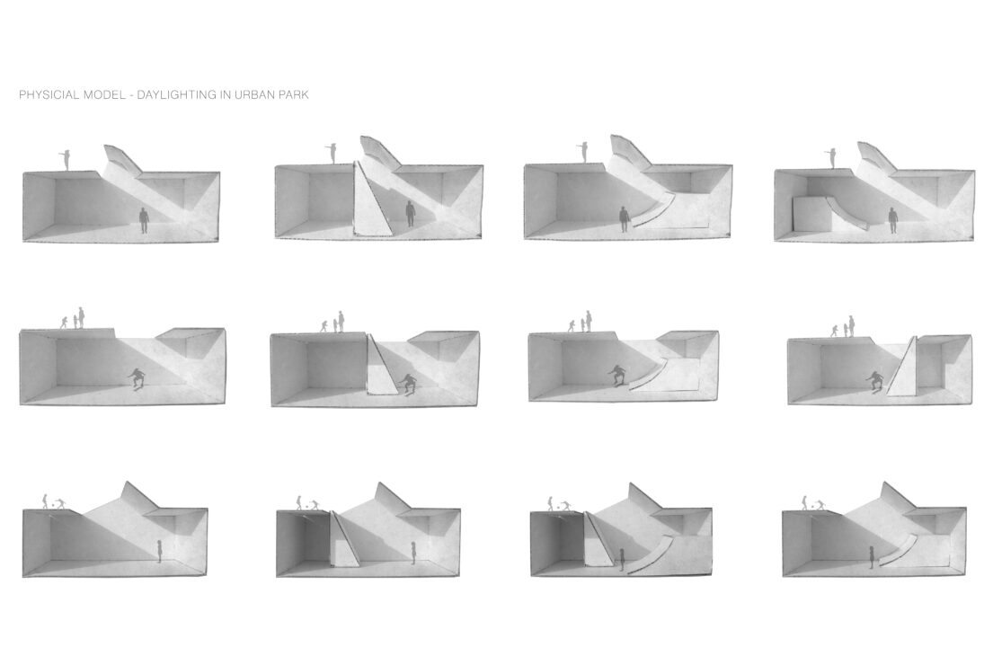 A series of small photographs of a physical model showing different lighting conditions