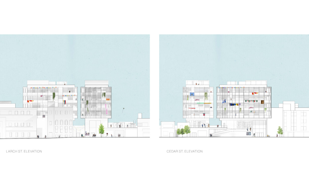Two elevations of multi storey buildings designed by students