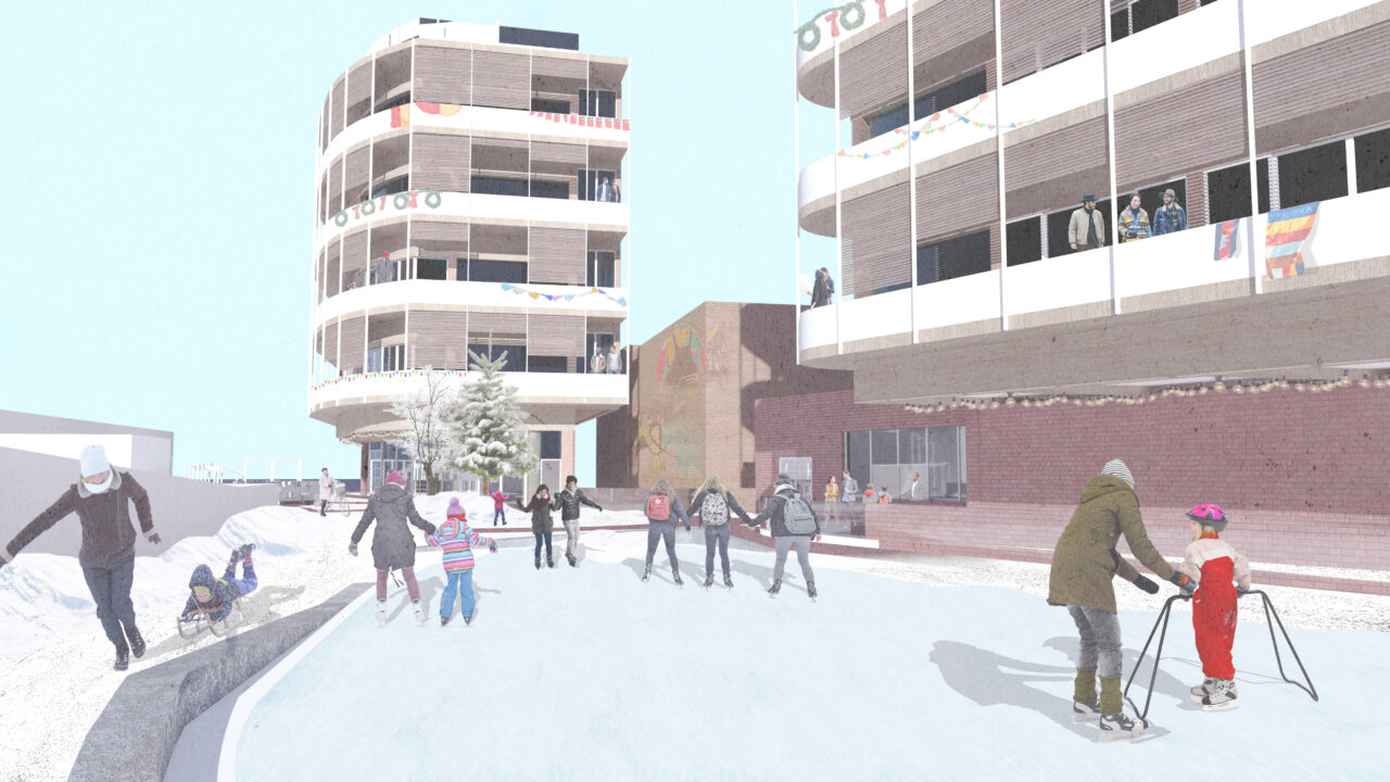 Exterior render with buildings to one side and an outdoor skating ring in front with people skating