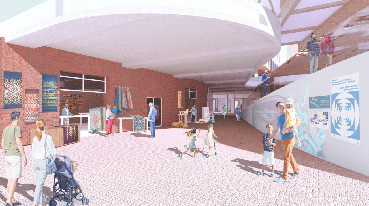 Rendered image of people walking under a a building