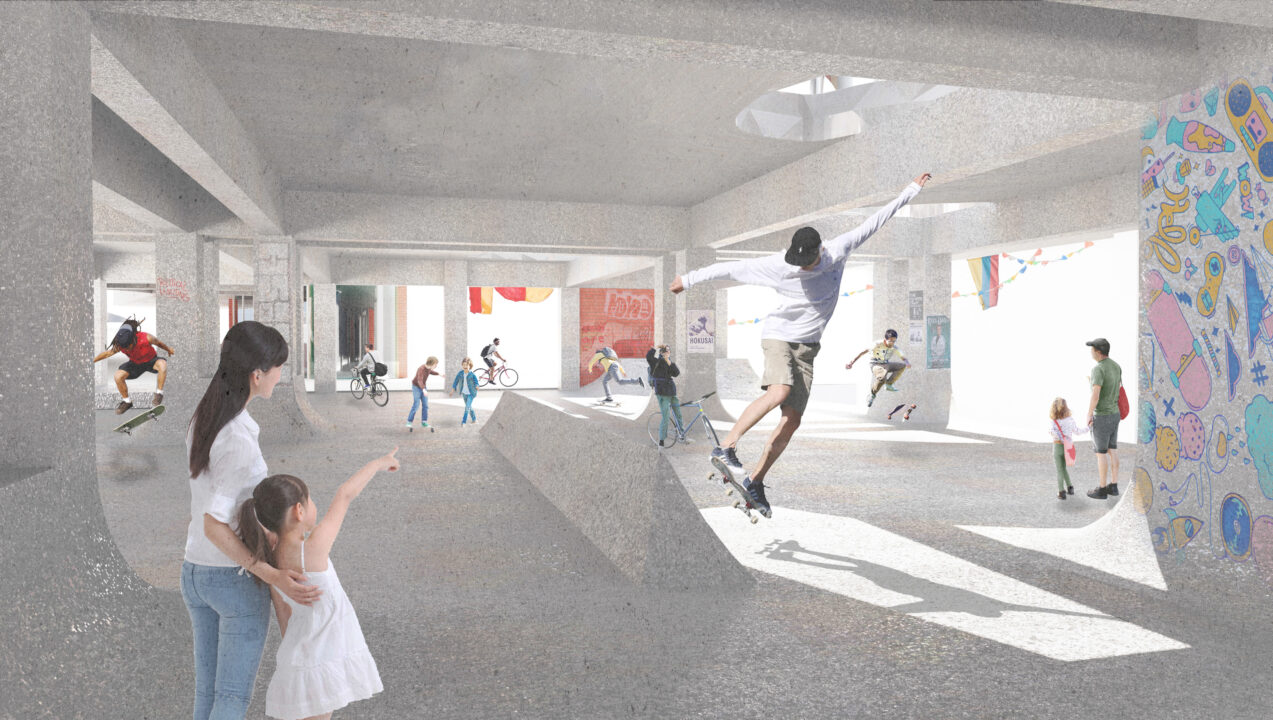 Interior render of a skate park with people mingling around