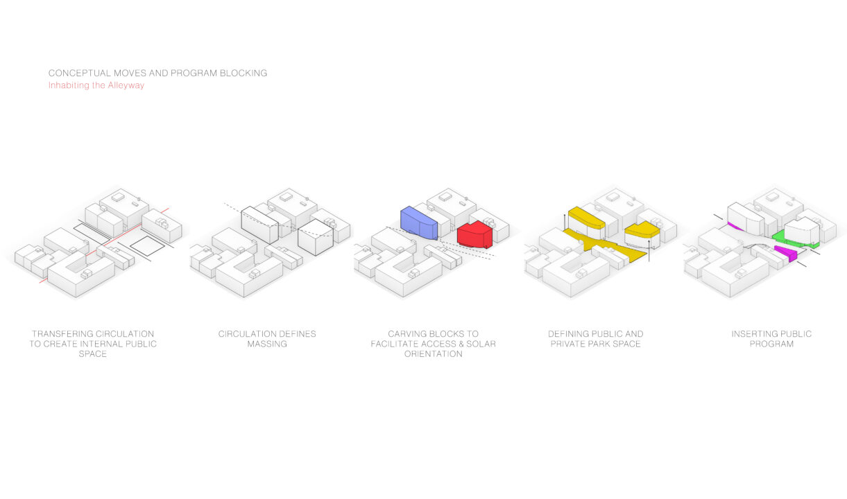 A series of diagrams showing multiple building designed by students, which different volumes highlighted in each diagram