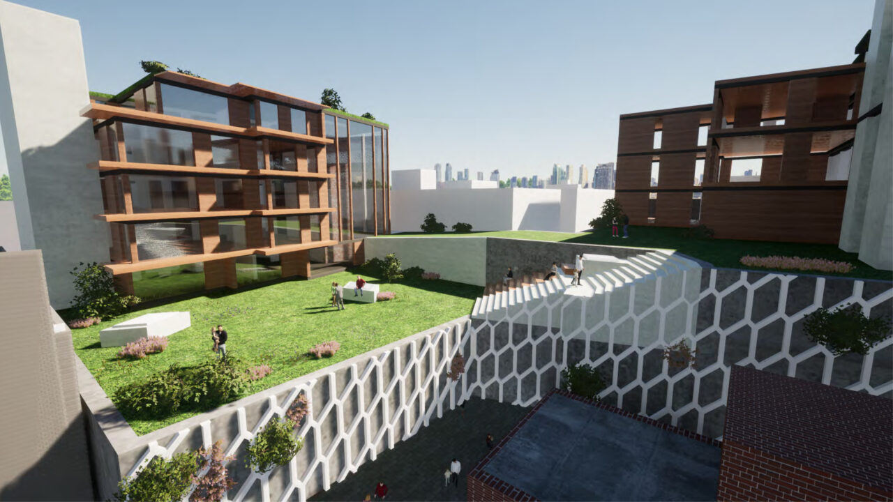 Exterior render, looking over multiple buildings and people on a green roof below