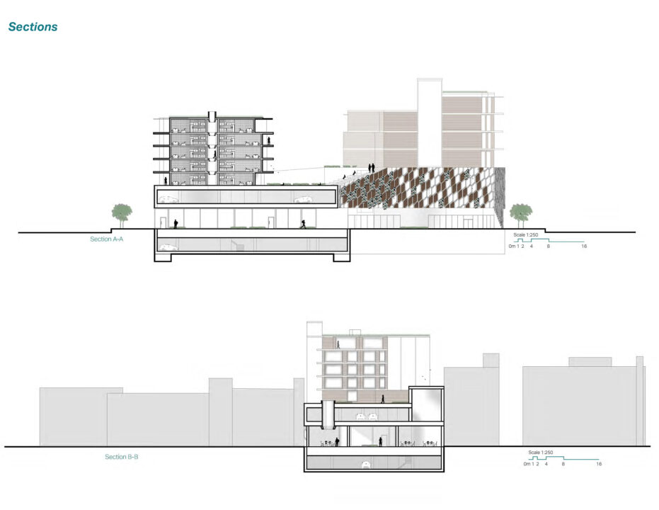 Two sections showing multi storey building with underground parking