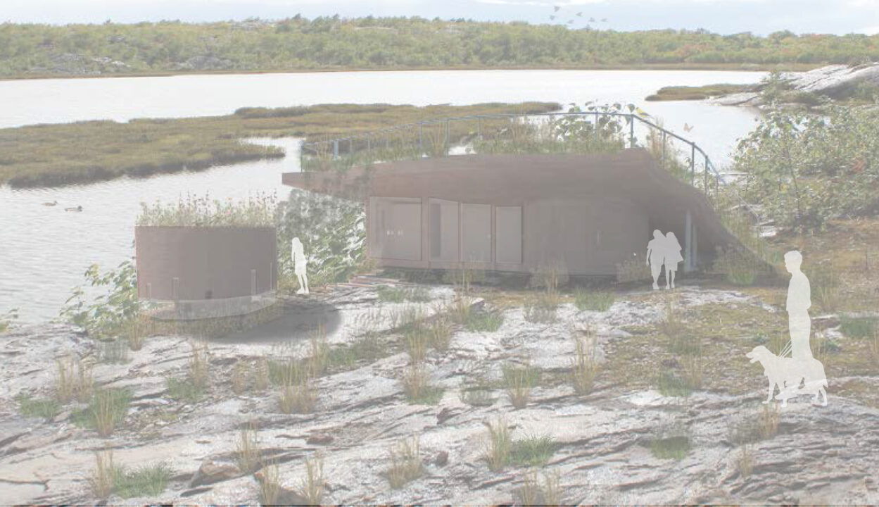 Exterior render of the student designed small building on the edge of a lake with figures in front