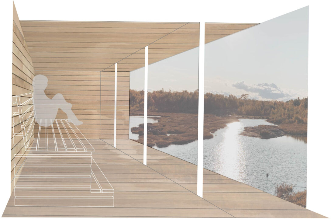 Abstract collaged image of a figure sitting in a sauna overlooking a lake