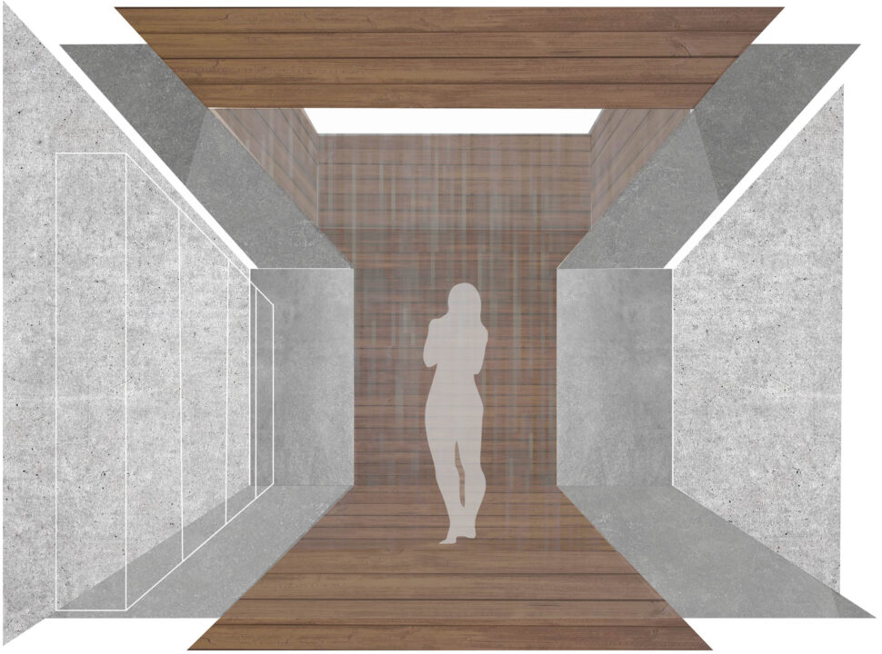 Abstract collaged image of a figure in a sauna