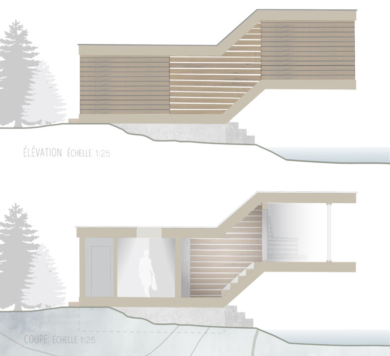 Two elevations of the small student designed building with part of the building overhanging a lake