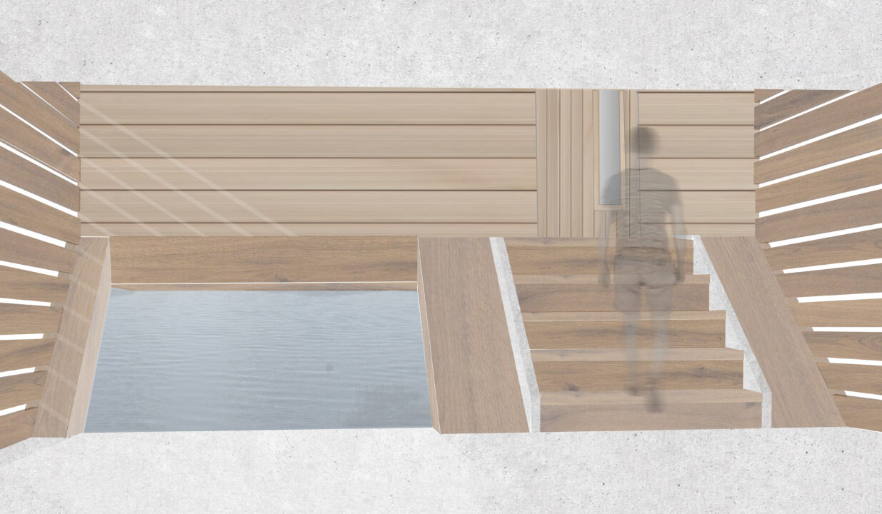 Interior render of a man walking up a flight of wooden stairs
