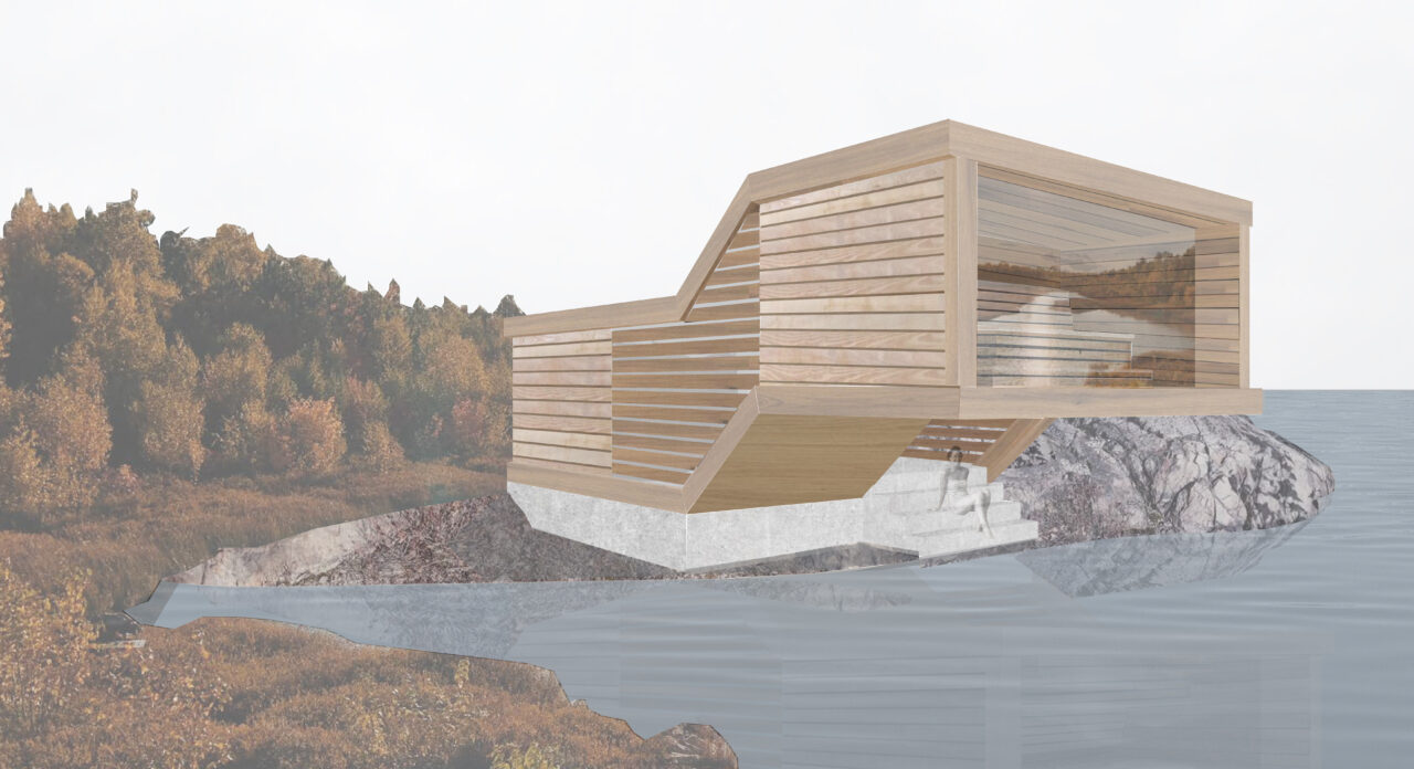 Exterior render of a small wooden building overlooking a lake