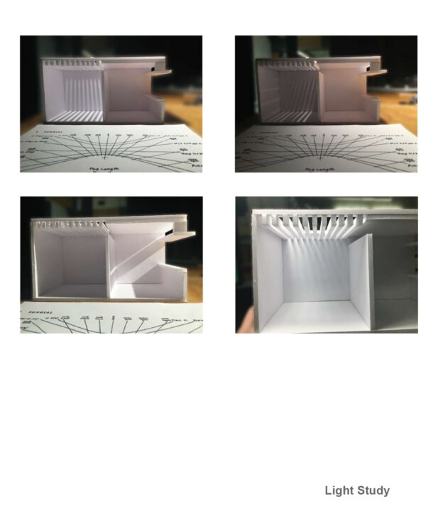 Photographs of a student made cardboard model showing natural lighting strategies