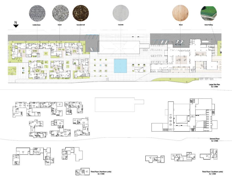 Site plans and floor plans of a student designed multi story buildings