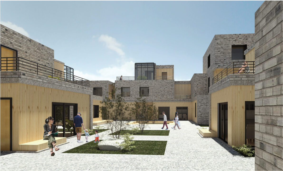 Exterior render in a courtyard space
