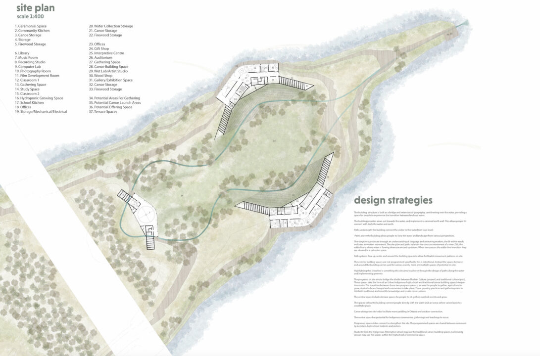 Site plan showing three student designed building with landscaping