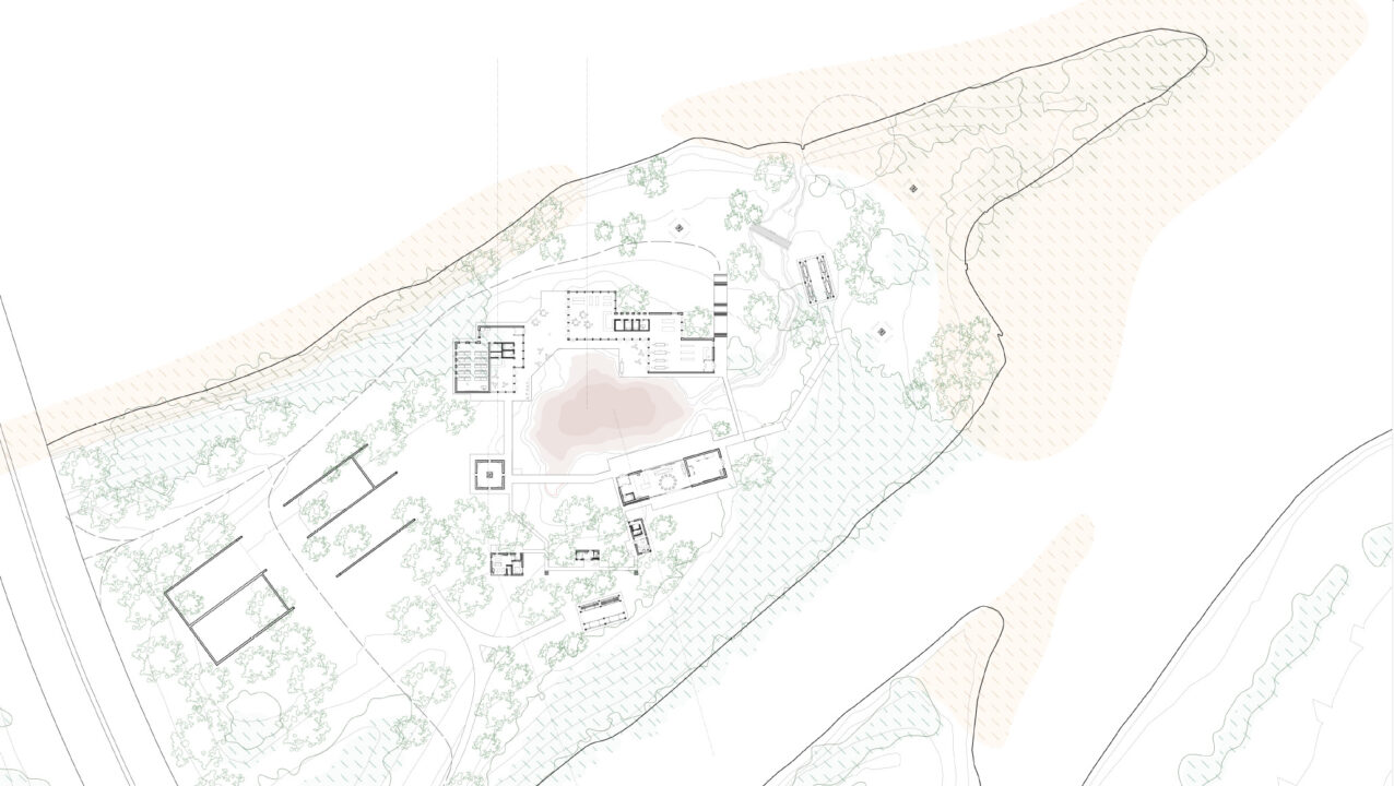 Site plan showing a series of student designed buildings and the surrounding context