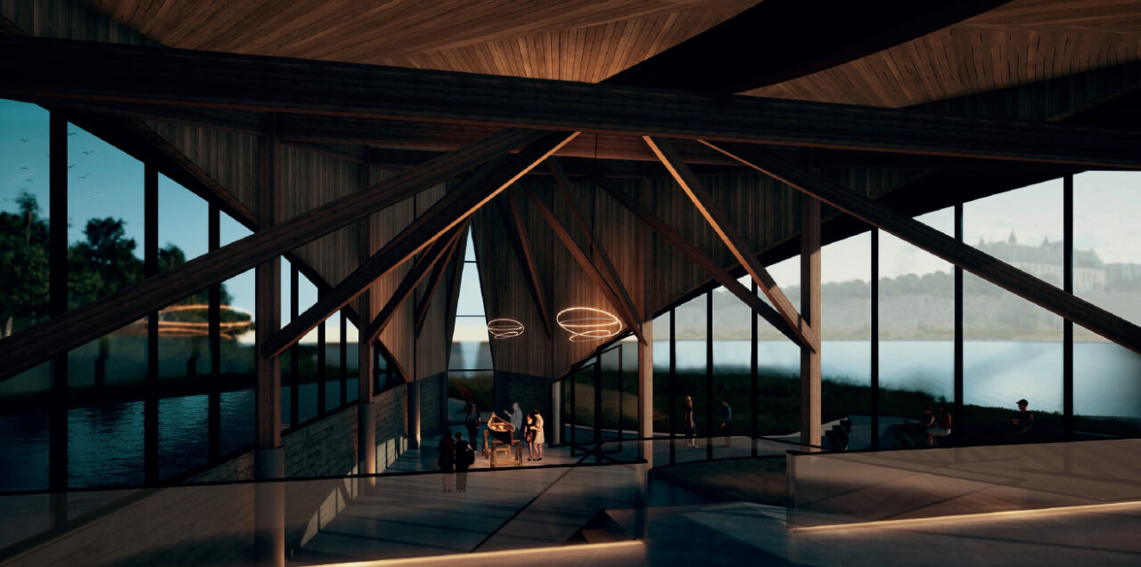 Interior render of people building a canoe in the long building with large windows overlooking a body of water