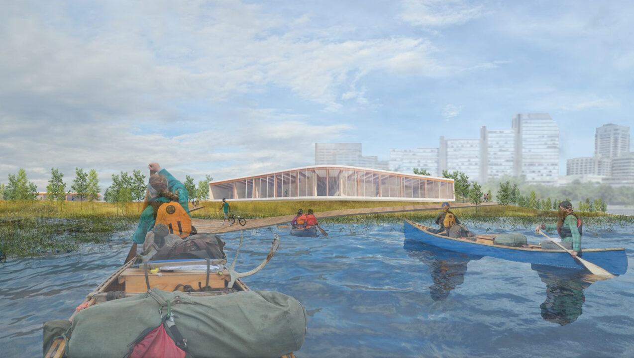 Exterior render of a building with a glass facade on the edge of a body of water, featuring people canoeing