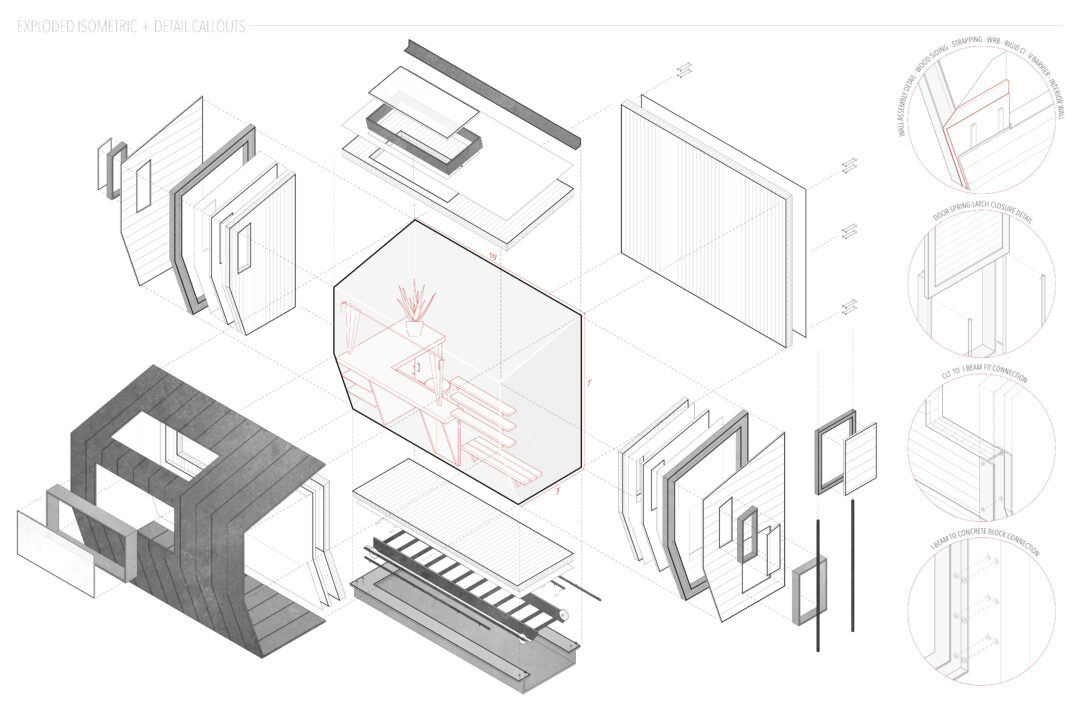Exploded axonometric drawing of a homeless shelter