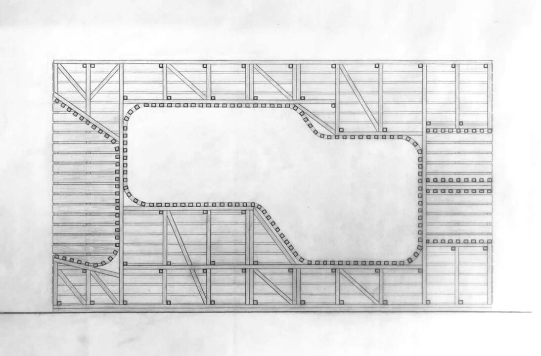 Hand drawn construction drawing of an ice station in elevation