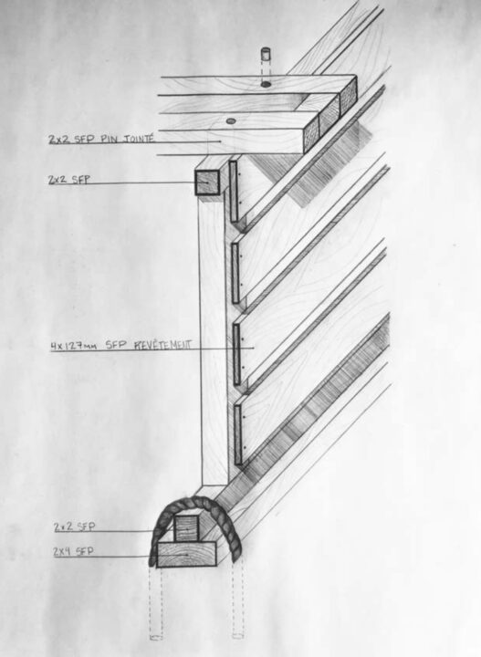 Hand drawn construction drawing detail of wooden connections